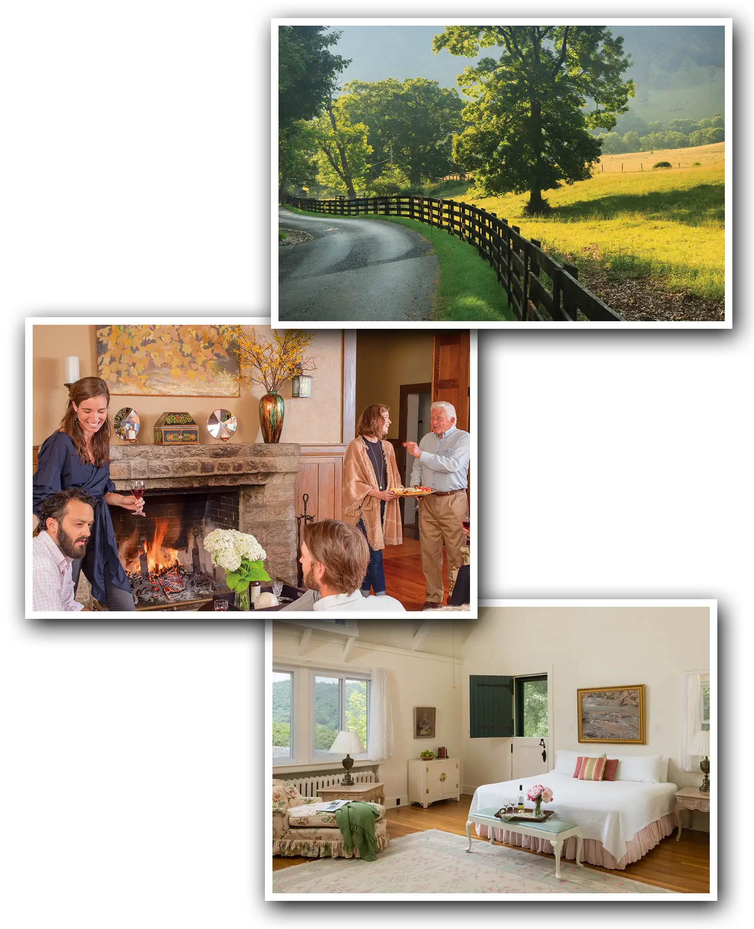 Collage of lush green landscape entering Garth Newel, People congregating in front of a fireplace in a common area, image of a suite bedroom.